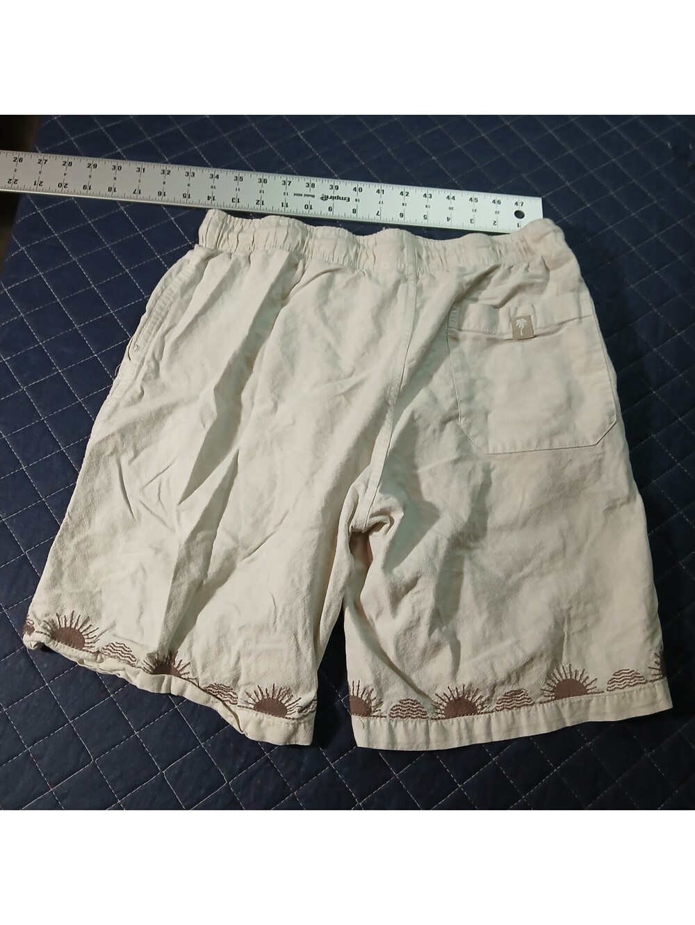 Free Planet Beige Embroidered Tropical Shorts Mens Elastic Waist Cotton M